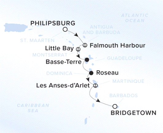 The Ritz-Carlton Evrima A map showing the Atlantic Ocean and Caribbean Sea. A line shows the voyage route from Philipsburg to Falmouth Harbour, Little Bay, Basse-Terre, Roseau, Les Anses-d'Arlet and Bridgetown.