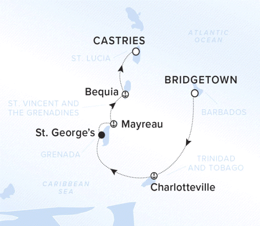 The Ritz-Carlton Evrima A map showing the Atlantic Ocean and Caribbean Sea. A line shows the voyage route from Bridgetown to Charlotteville, St. George's, Mayreau, Bequia and Castries.