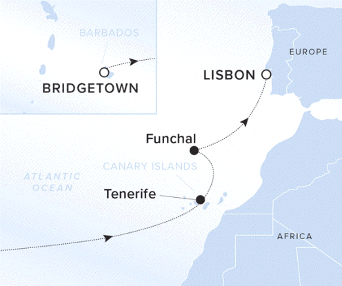The Ritz-Carlton Evrima A map showing the Atlantic Ocean. A line shows the voyage route from Bridgetown to Tenerife, Funchal, and Lisbon.