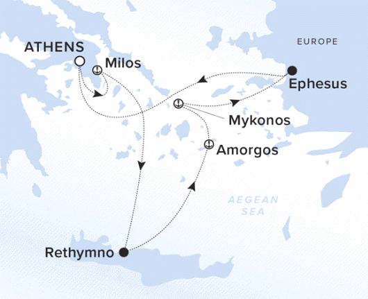 The Ritz-Carlton Evrima A map showing the Aegean Sea. A line shows the voyage route from Athens, Milos, Rethymno, Amorgos, Mykonos, Ephesus and Athens..