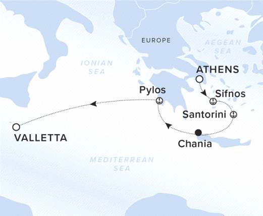 The Ritz-Carlton Evrima A map showing the Mediterranean Sea. A line shows the voyage route from Athens to Sifnos, Santorini, Chania, Pylos and Valletta.