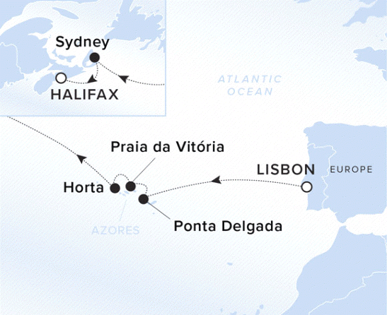 The Ritz-Carlton Evrima A map showing the Atlantic Ocean. A line shows the voyage route from Lisbon to Ponta Delgada, Praia da Vitoria, Horta, Sydney and Halifax.