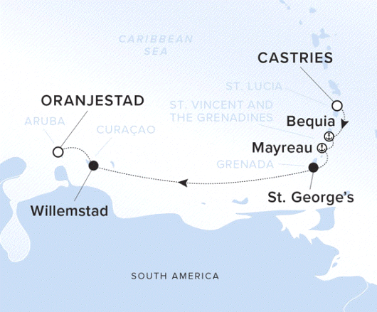 The Ritz-Carlton Evrima A map showing the Caribbean Sea. A line shows the voyage route from Castries to Bequia, Mayreau, St. George's, Willemstad and Oranjestad.