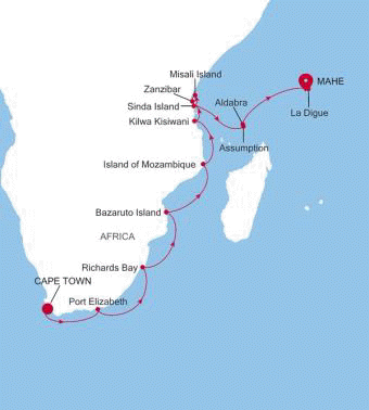 Cape Town to Mahe Silver Cloud Voyage E4260327020 itinerary map