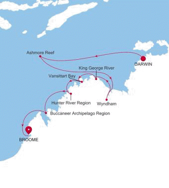Darwin to Broome (Kimberley) Silver Cloud Voyage E4260525010 itinerary map