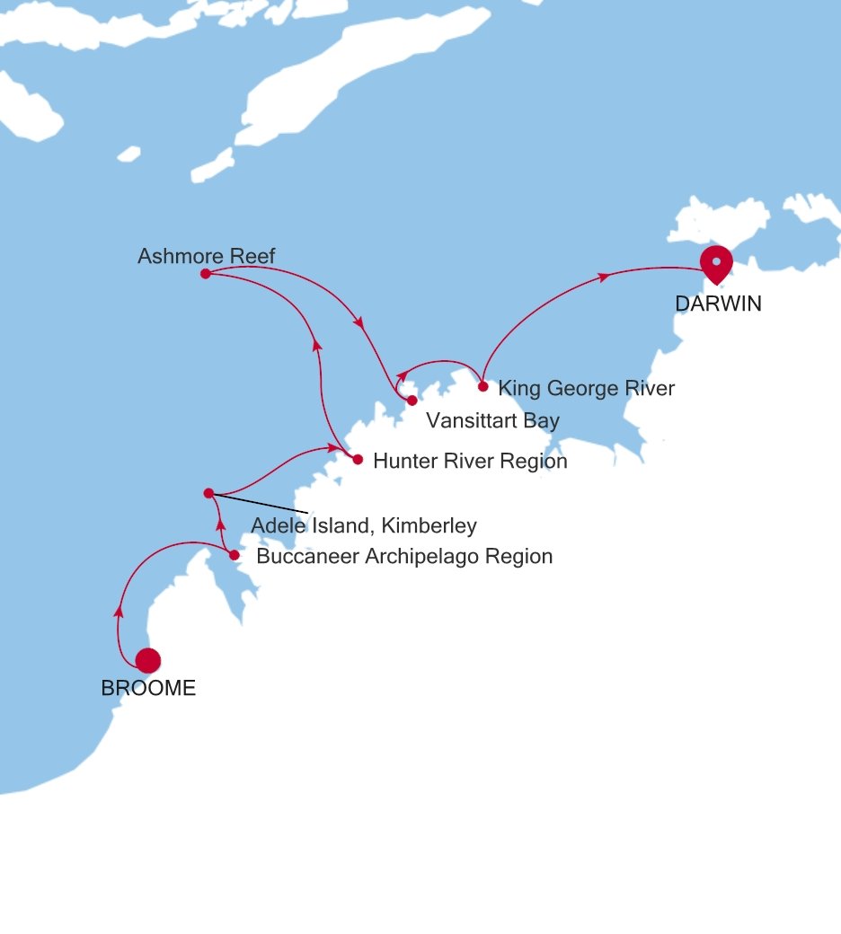 Broome (Kimberley) to Darwin Silver Cloud Voyage E4260724010 itinerary map