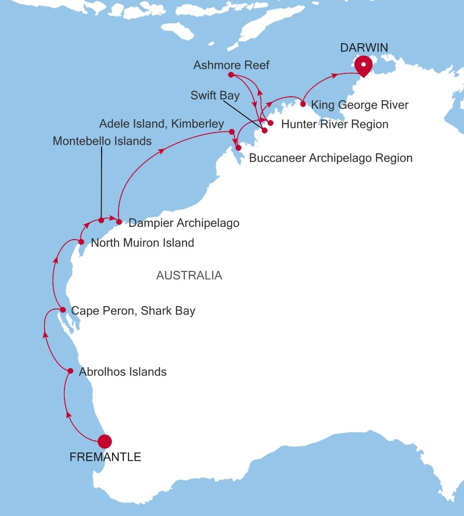 Fremantle (Perth), Western Australia to Darwin Silver Cloud Voyage E4260820017 itinerary map