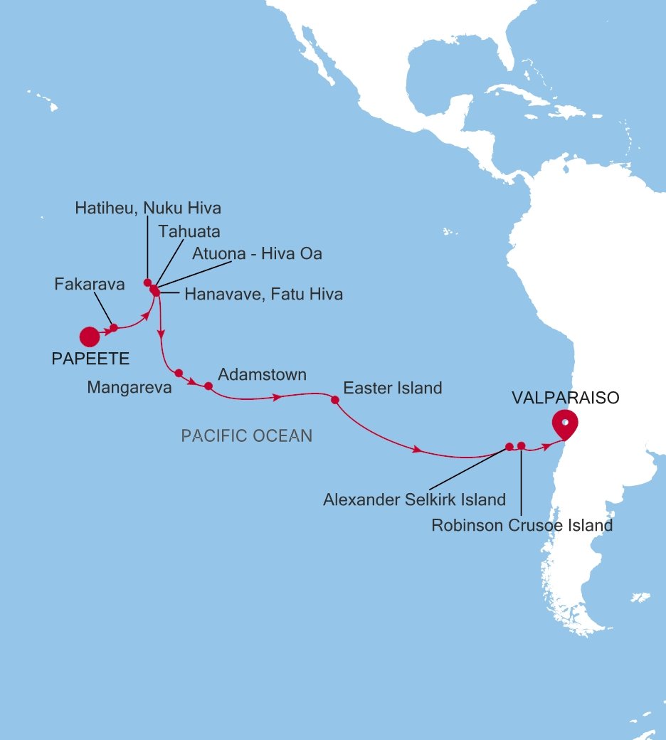 Papeete (Tahiti) to Valparaiso Silver Cloud Voyage E4261012023 itinerary map