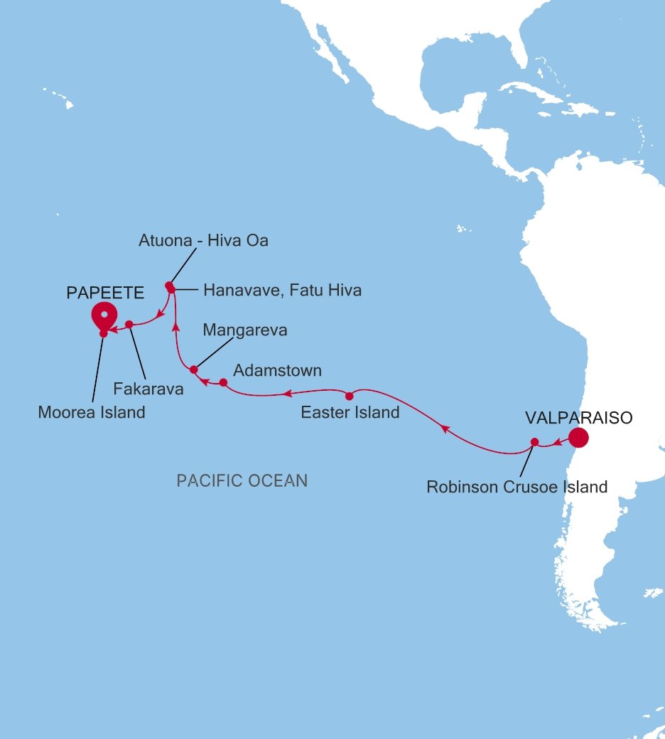 Valparaiso to Papeete (Tahiti) Silver Cloud Voyage E4270310022 itinerary map