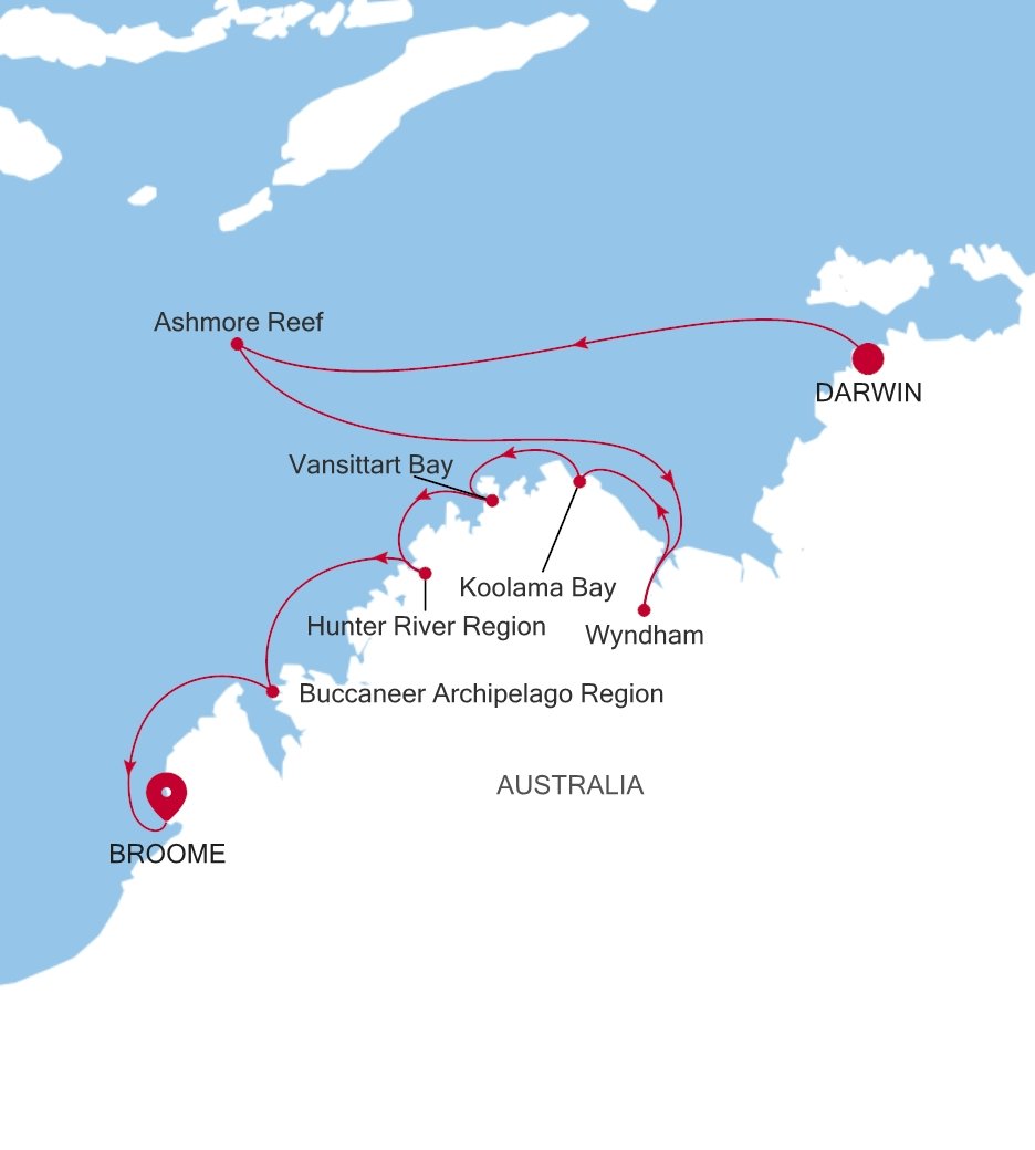 Darwin to Broome (Kimberley) Silver Cloud Voyage E4270715010 itinerary map