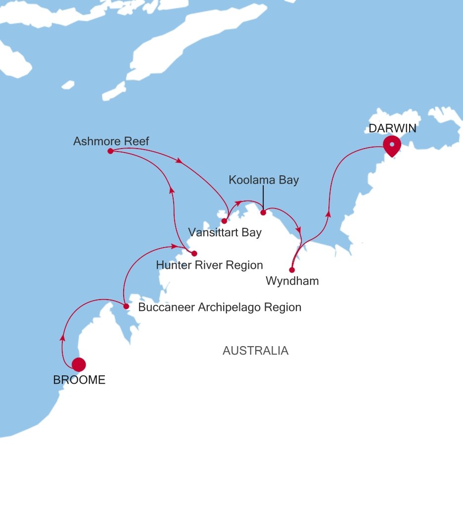 Broome (Kimberley) to Darwin Silver Cloud Voyage E4270725010 itinerary map