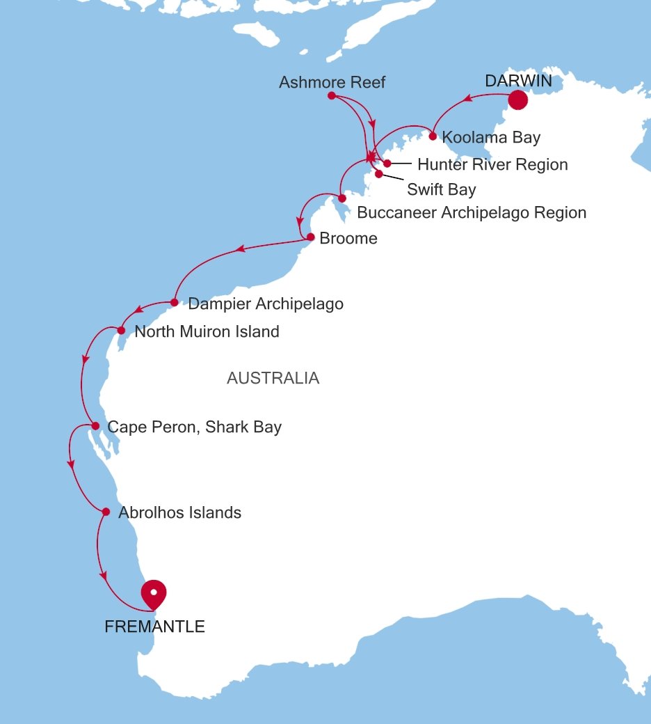 Darwin to Fremantle (Perth), Western Australia Silver Cloud Voyage E4270824016 itinerary map