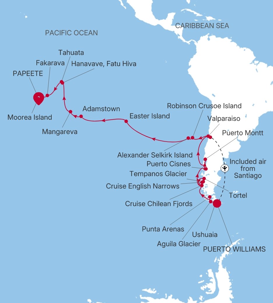 Puerto Williams to Papeete (Tahiti) Silver Cloud Voyage E4280229C34 itinerary map