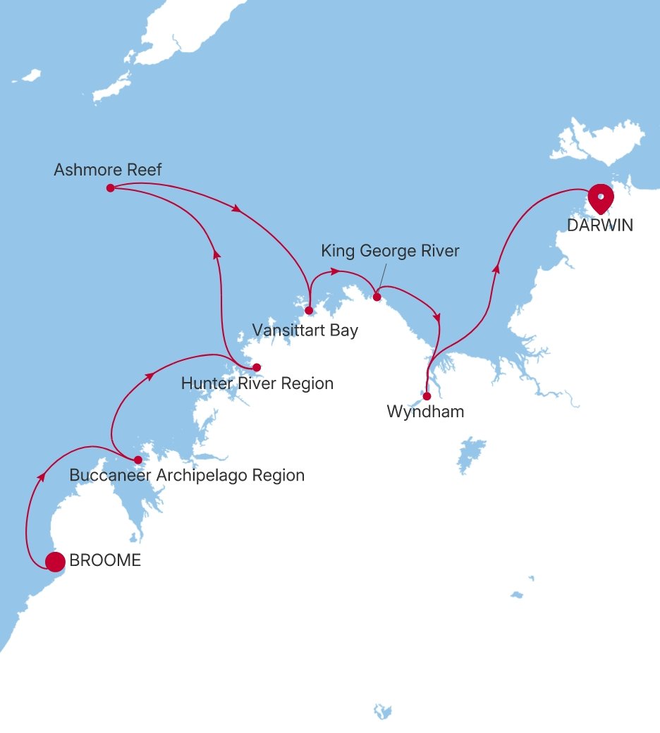 Broome (Kimberley) to Darwin Silver Cloud Voyage E4280730010 itinerary map
