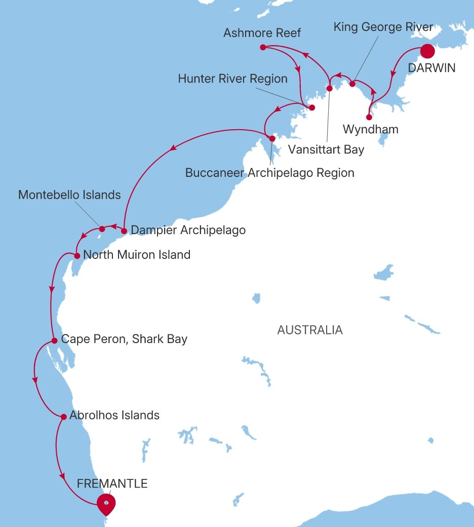 Darwin to Fremantle (Perth), Western Australia Silver Cloud Voyage E4280819016 itinerary map