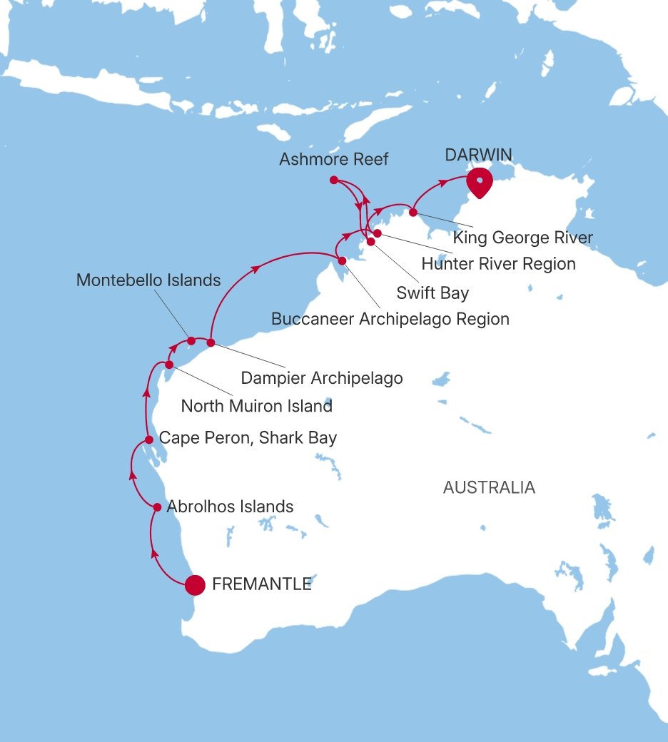 Fremantle (Perth), Western Australia to Darwin Silver Cloud Voyage E4280904016 itinerary map