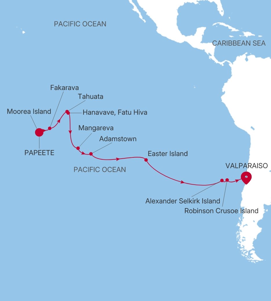 Papeete (Tahiti) to Valparaiso Silver Cloud Voyage E4281023023 itinerary map