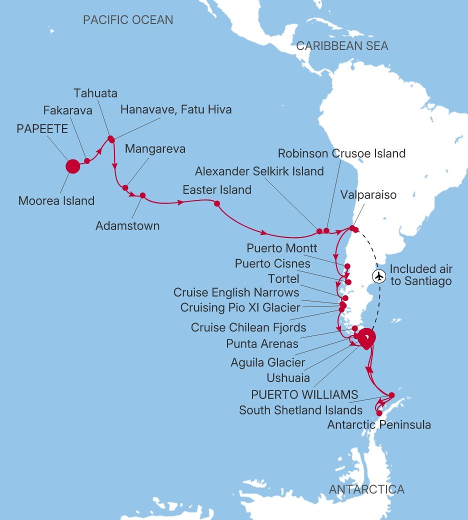 Papeete (Tahiti) to Puerto Williams Silver Cloud Voyage E4281023C44 itinerary map