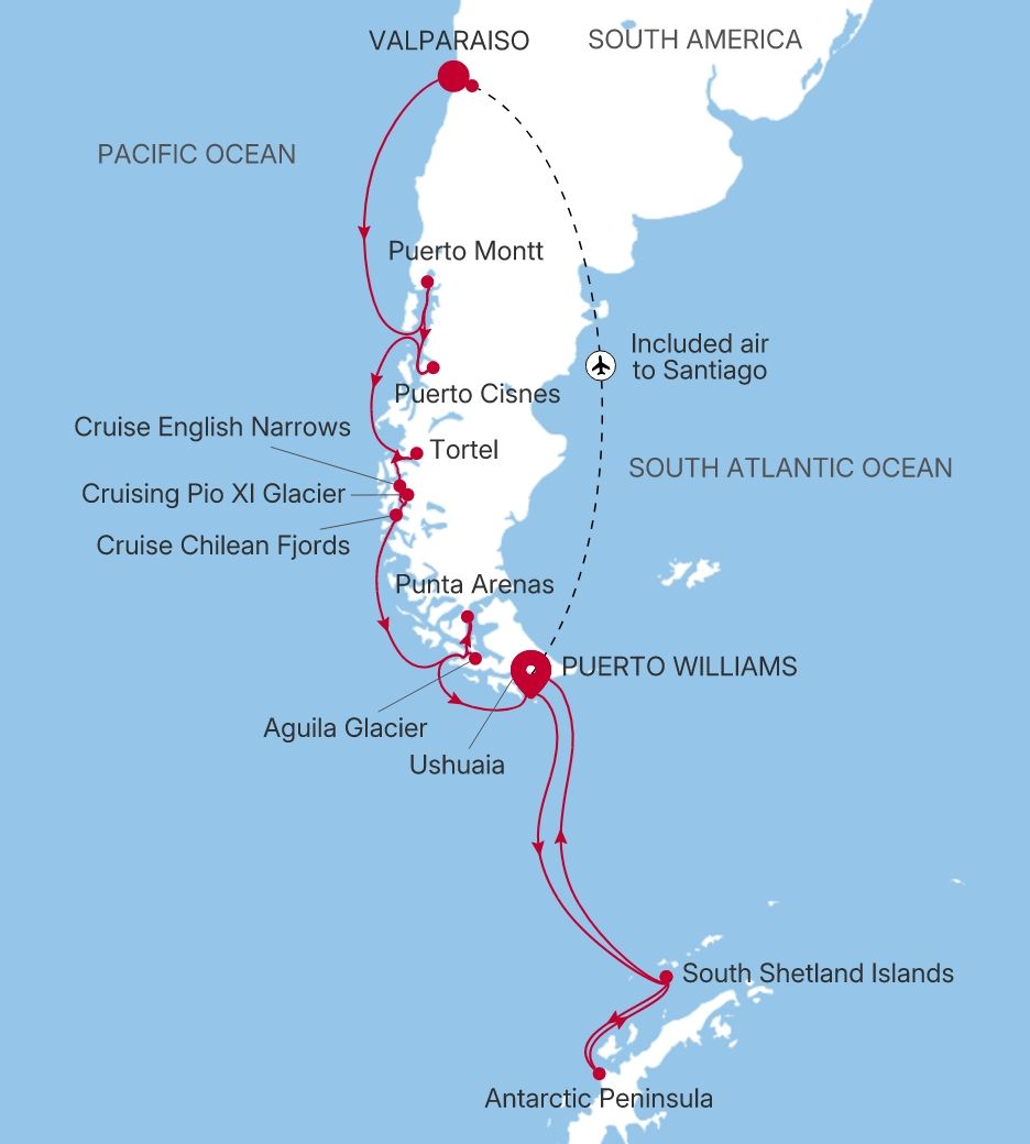 Silver Cloud Valparaiso to Puerto Williams voyage E4281115021 itinerary map