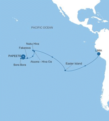 Silver Dawn Lima (Callao) to Papeete (Tahiti) voyage DA260119019 itinerary map