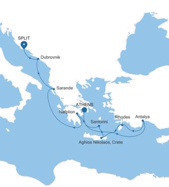 Silver Dawn Athens (Piraeus) to Split voyage DA260501011 itinerary map