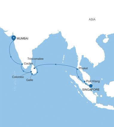 Silver Dawn Fremantle (Perth), Western Australia to Singapore voyage DA260314016 itinerary map