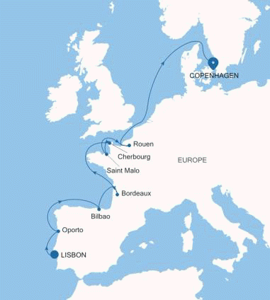 Silver Dawn Lisbon to Copenhagen voyage DA260527015 itinerary map