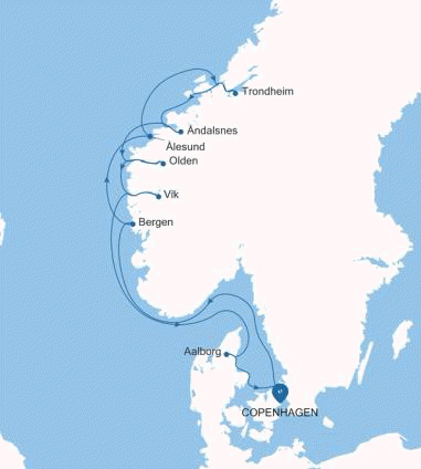 Silver Dawn Copenhagen to Copenhagen voyage DA260715010 itinerary map