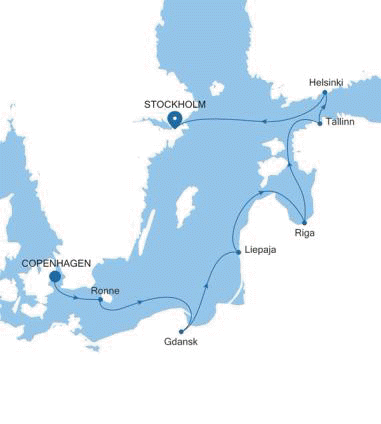Silver Dawn Copenhagen to Stockholm voyage DA260701007 itinerary map
