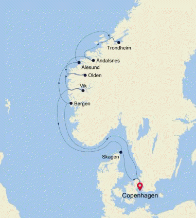 Silver Dawn Copenhagen to Copenhagen voyage DA260611010 itinerary map