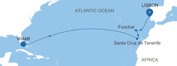 Silver Dawn Miami to Lisbon voyage DA280325014 itinerary map