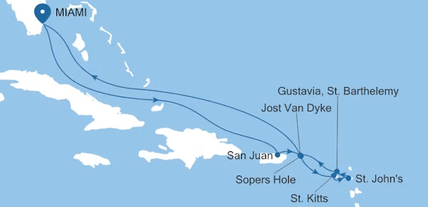 Silver Dawn Miami to Miami voyage DA280314011 itinerary map