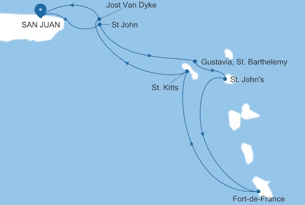 Silver Dawn San Juan to San Juan voyage DA280205007 itinerary map