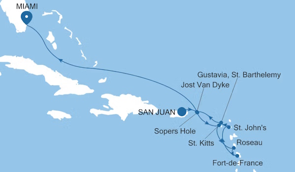 Silver Dawn San Juan to Miami voyage DA280222010 itinerary map