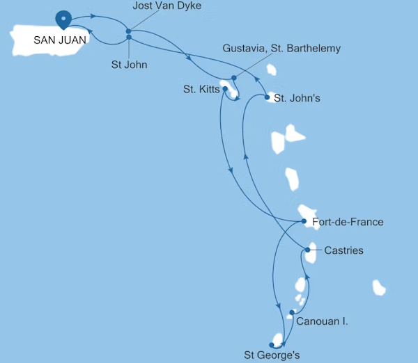 Silver Dawn San Juan to San Juan voyage DA280212010 itinerary map