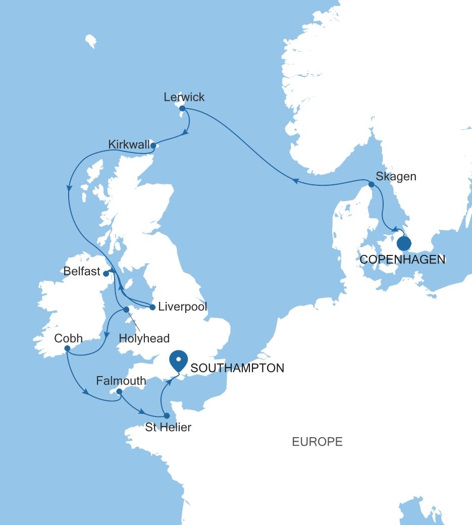 Silver Dawn Copenhagen to Southampton voyage DA260907012 itinerary map