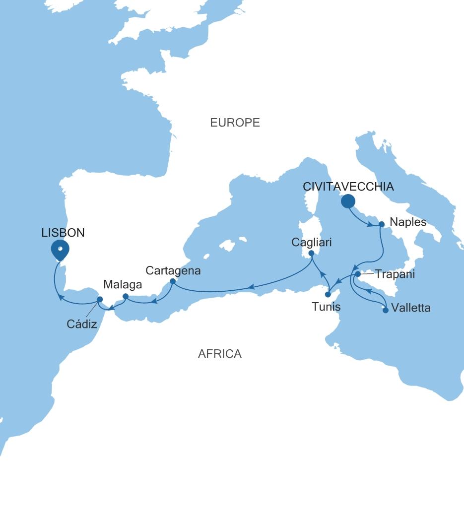 Silver Dawn Civitavecchia (Rome) to Lisbon voyage DA261125014 itinerary map