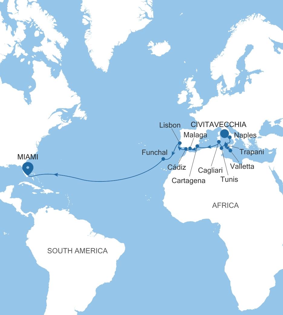 Silver Dawn Civitavecchia (Rome) to Miami, FL voyage DA261125C26 itinerary map