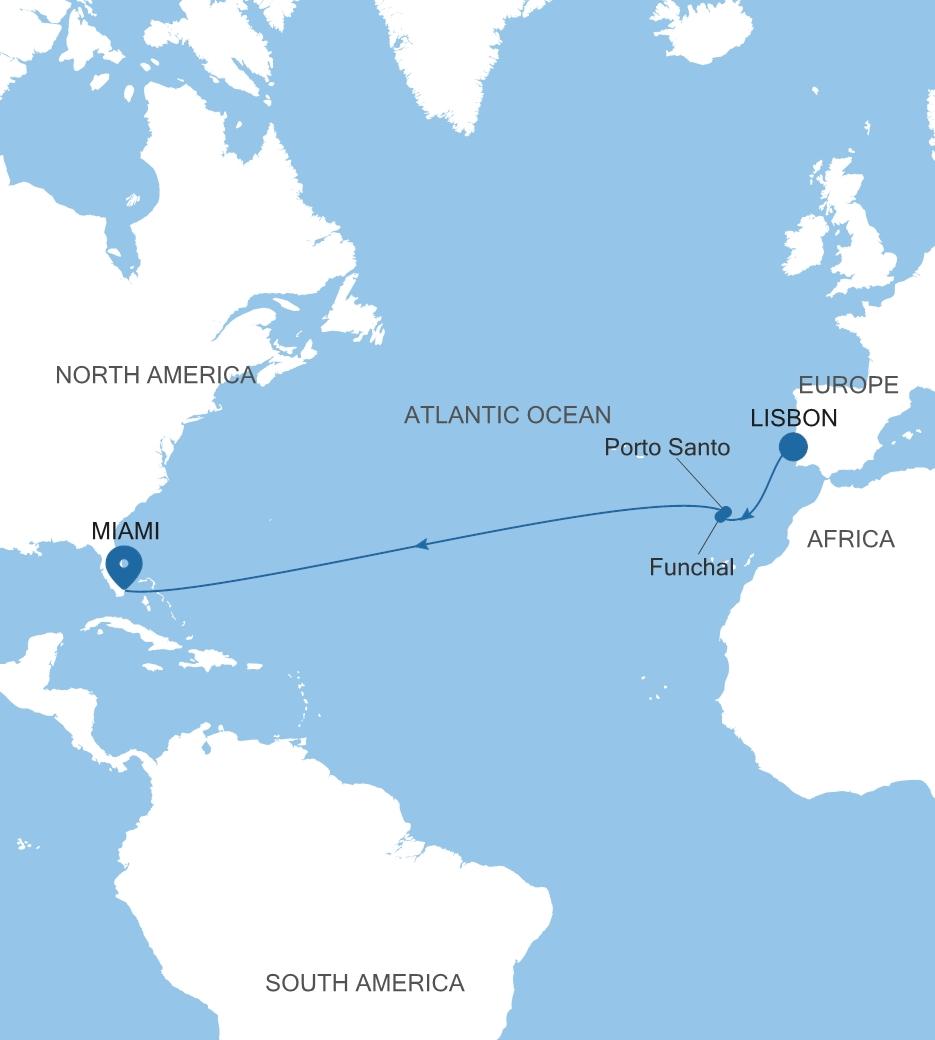 Silver Dawn Lisbon to Miami, FL voyage DA261209012 itinerary map