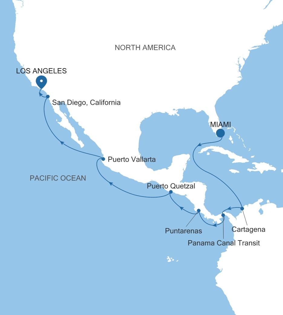 Silver Dawn Miami, FL to Los Angeles, California voyage DA261221018 itinerary map