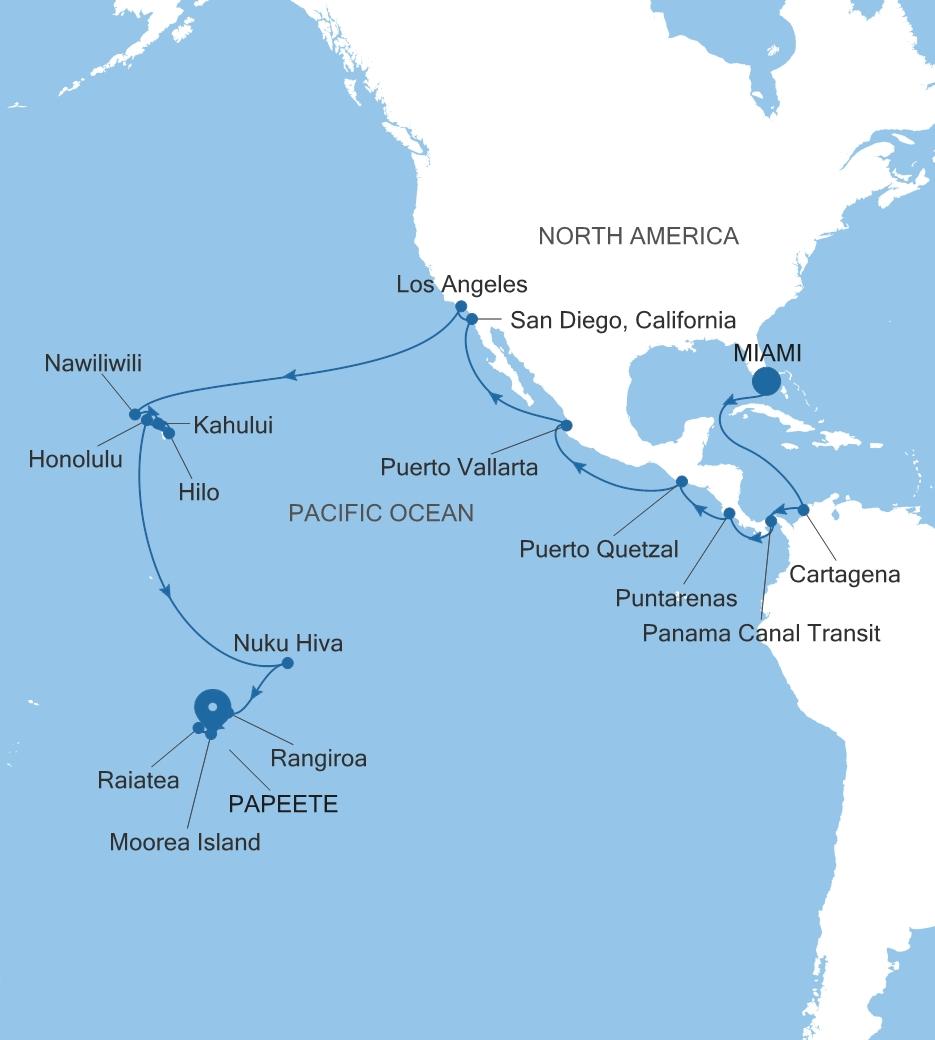 Silver Dawn Miami, FL to Papeete (Tahiti) voyage DA261221C40 itinerary map