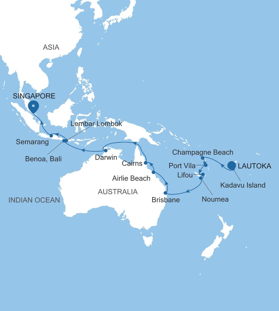 Silver Dawn Lautoka to Singapore voyage DA270211C29 itinerary map