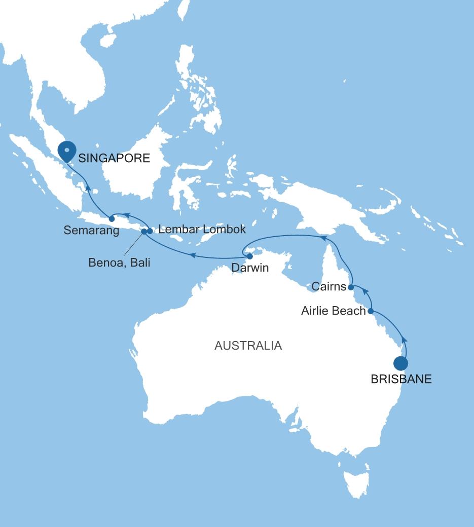 Silver Dawn Brisbane to Singapore voyage DA270222018 itinerary map