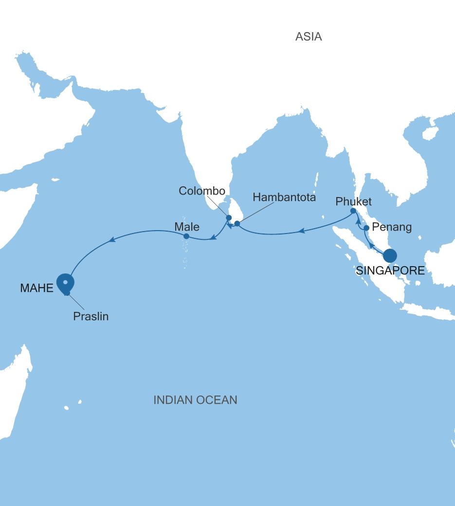 Silver Dawn Singapore to Mahe voyage DA270312016 itinerary map
