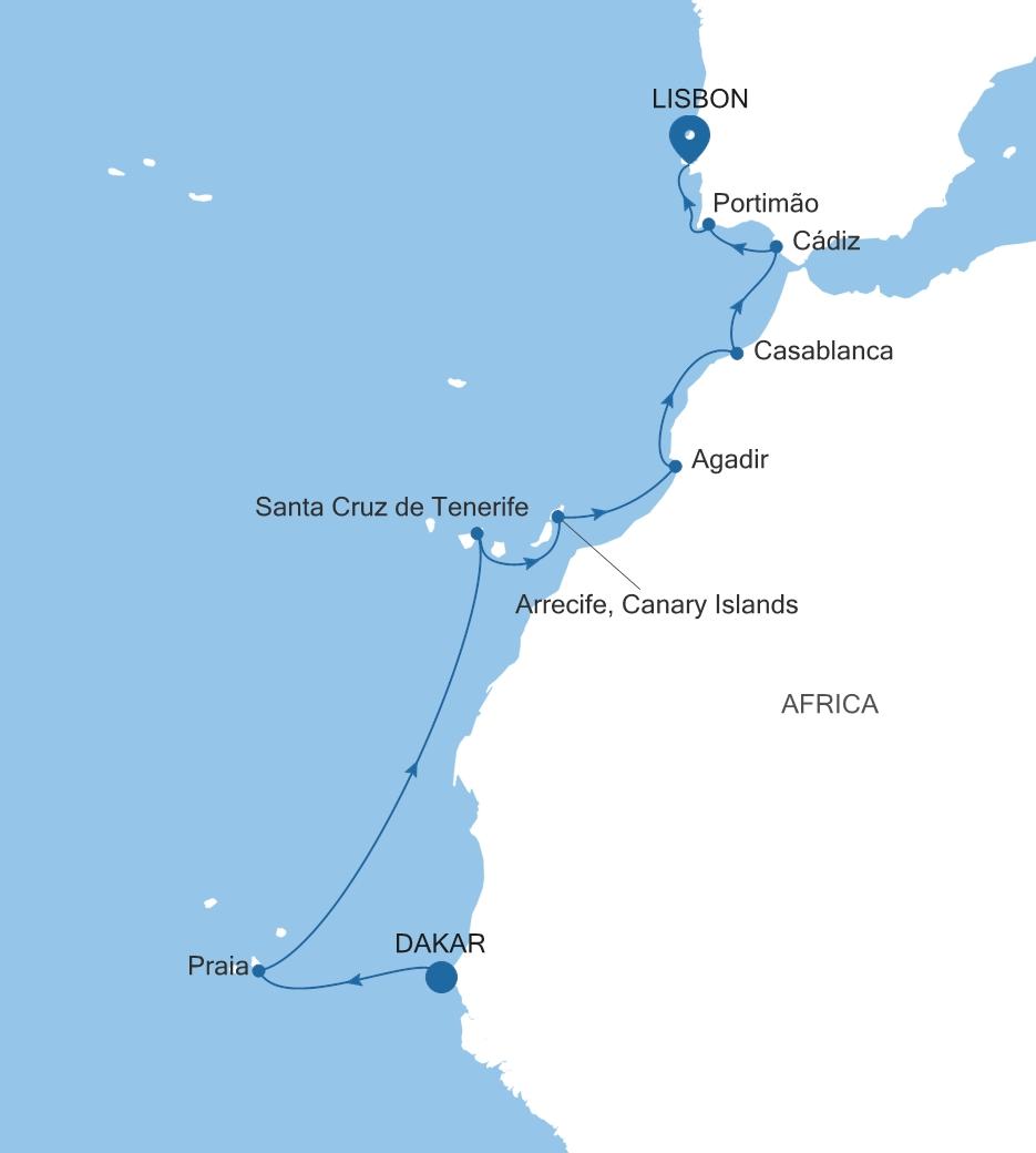 Silver Dawn Dakar to Lisbon voyage DA270430012 itinerary map