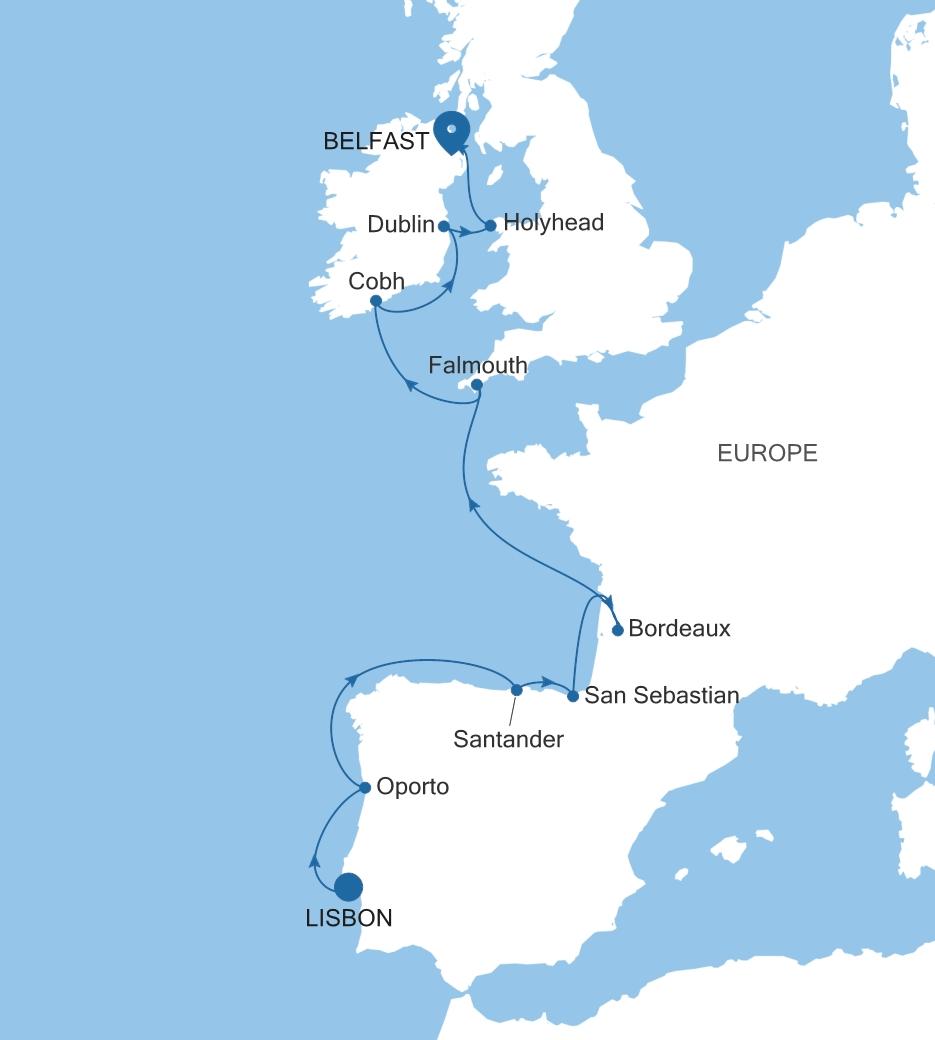 Silver Dawn Lisbon to Belfast voyage DA270512012 itinerary map