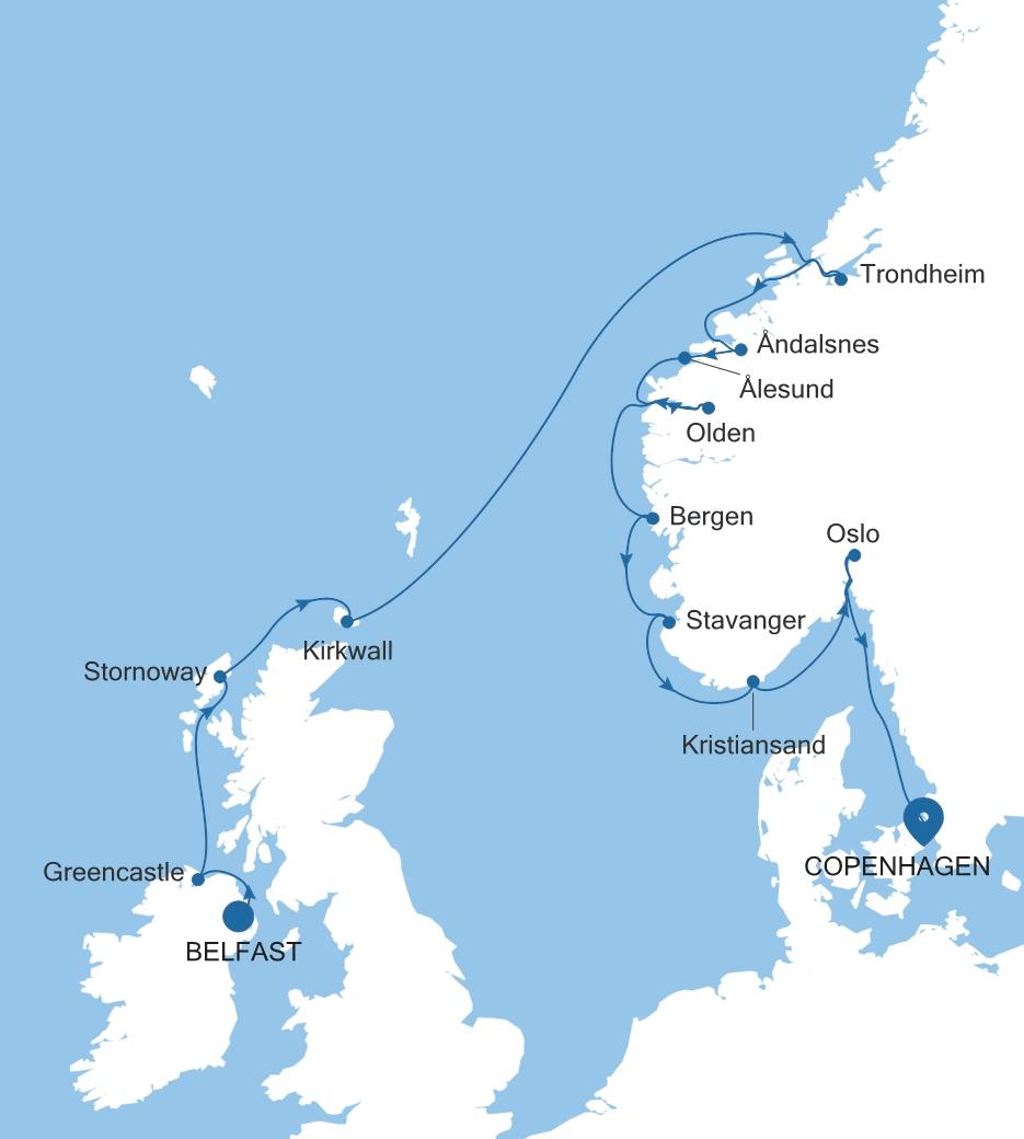 Silver Dawn Belfast  to Copenhagen voyage DA270524014 itinerary map