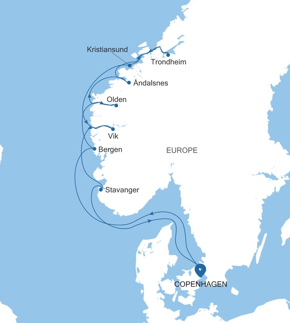 Silver Dawn Copenhagen to Copenhagen voyage DA270617010 itinerary map