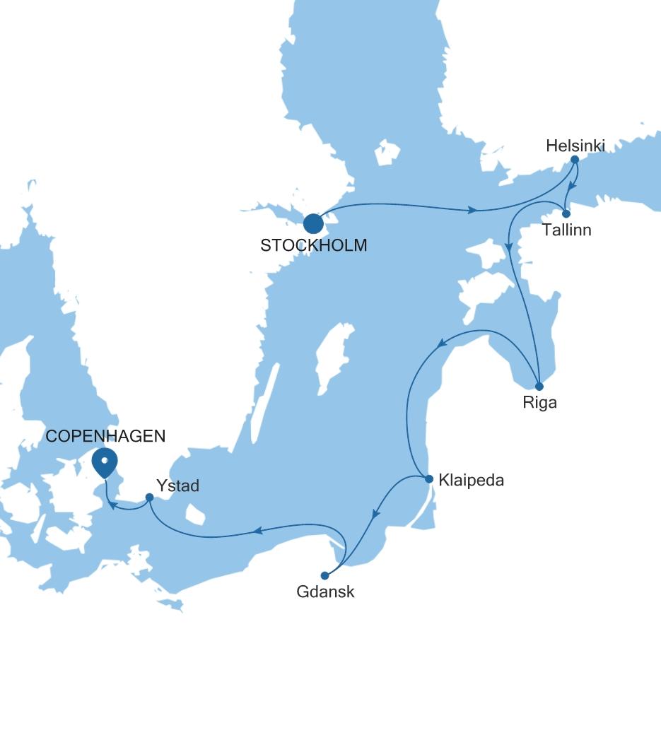 Silver Dawn Stockholm to Copenhagen voyage DA270704007 itinerary map