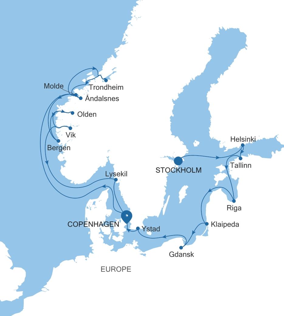 Silver Dawn Stockholm to Copenhagen voyage DA270704C17 itinerary map